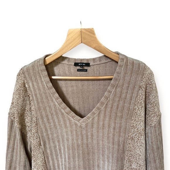 Miss Me Taupe / Dusty Rose Soft Knit Chenille V-Neck Oversized Sweater, Small - Picture 3 of 8